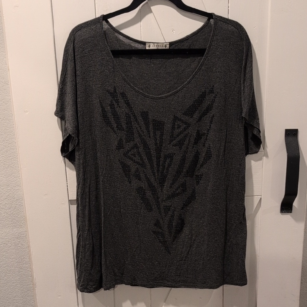 Agenda Charcoal Geometric Women's Short Sleeved Top, Size XL